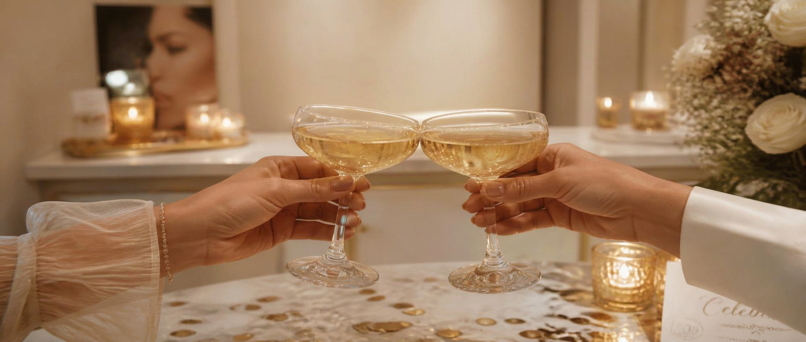 Champagne glasses raised in a celebratory toast
